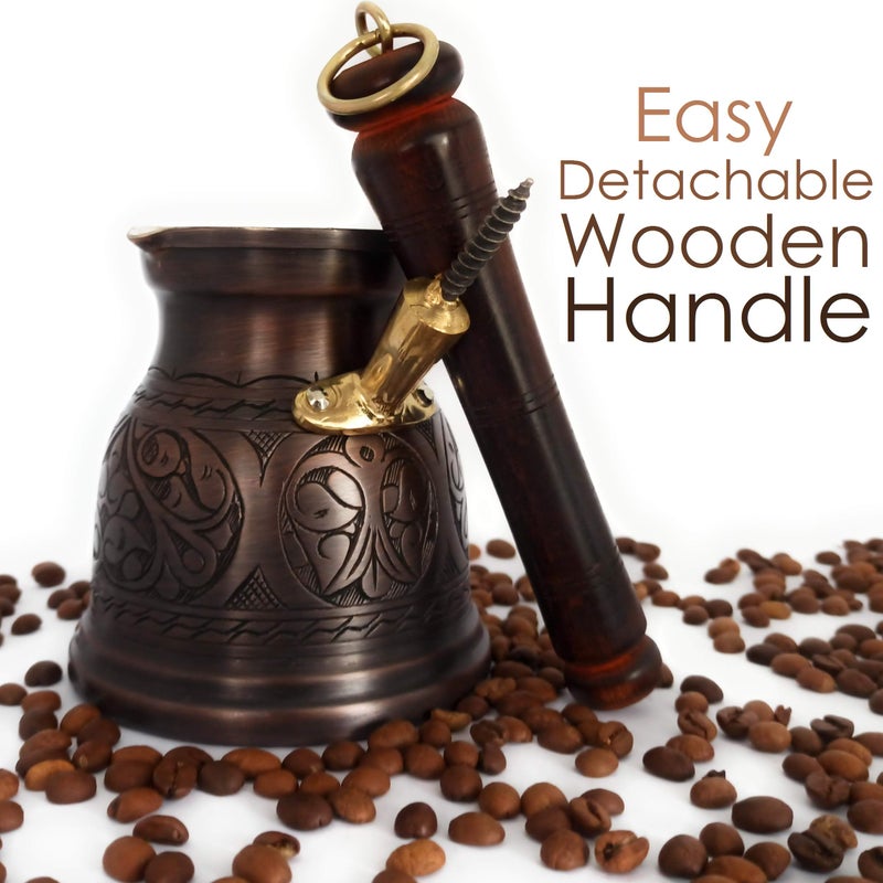 DEDE Copper - IST Series (XLarge-16.9 floz)-Thickest Solid Copper Engraved Turkish Greek Arabic Coffee Pot with Wooden Handle, Stovetop Coffee Maker Cezve, Jezve, Jazva, Jazzve, Ibrik, Briki (Antique) - Image 4